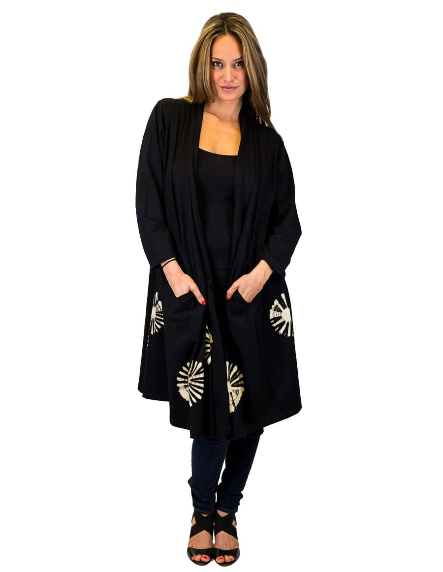 TIE DYE COTTON DUSTER WITH POCKETS BLACK AND BIEGE