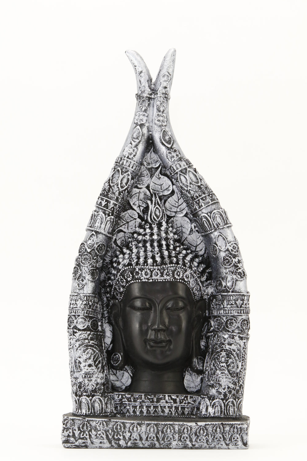 BUDDHA BUST SILVER ACCENT STATUE FRONT VIEW