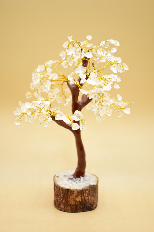 CLEAR QUARTZ GEMSTONE TREE WOOD BASE