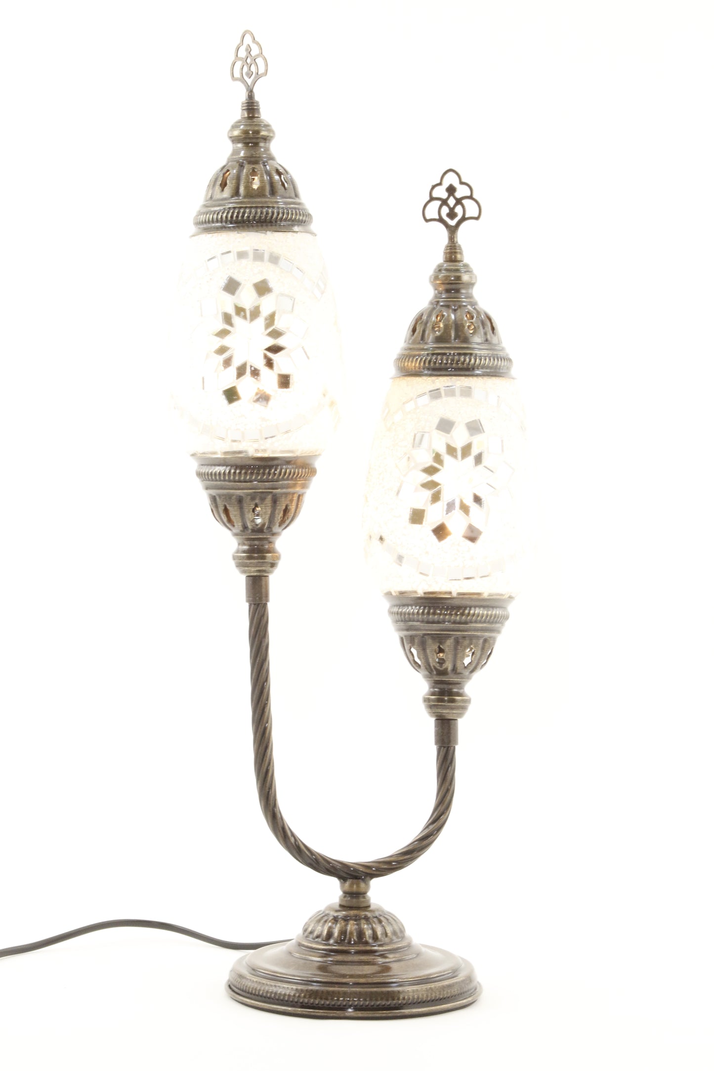 DOUBLE HORSESHOE EGG SHAPED TURKISH MOSAIC TABLE LAMP WHITE-TURNED ON
