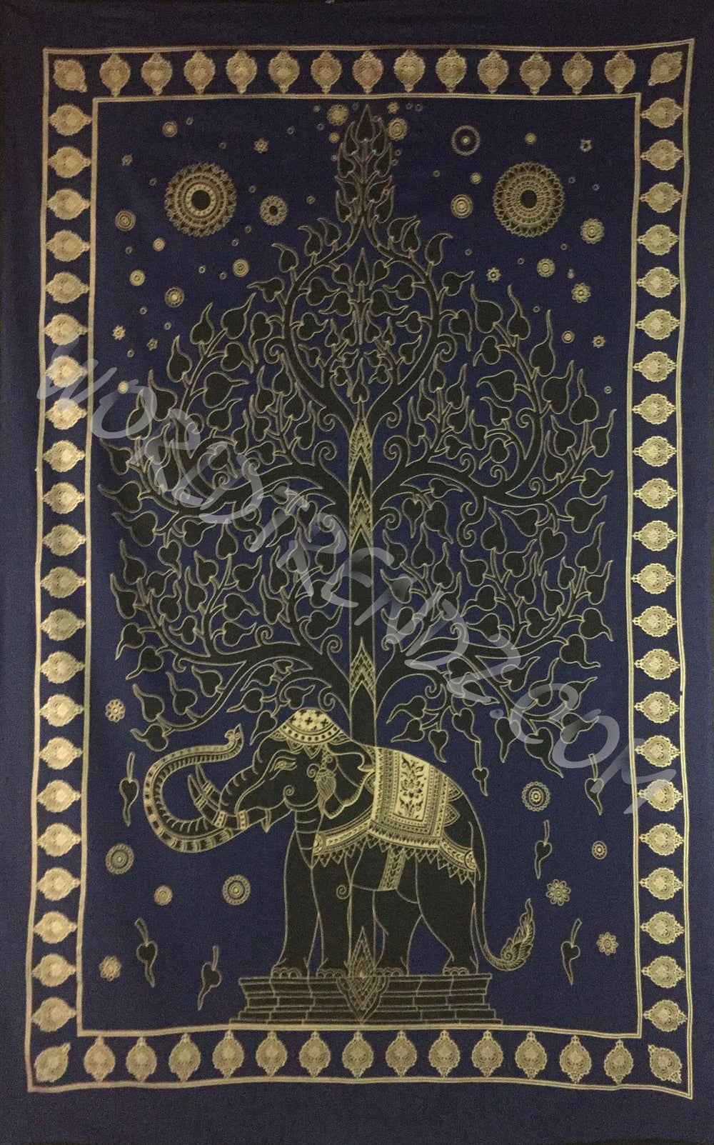 ELEPHANT BODHI TREE TAPESTRY NAVY BLUE GOLD