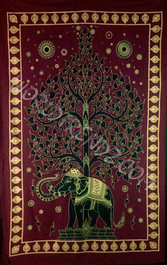ELEPHANT BODHI TREE TAPESTRY BURGUNDY GOLD
