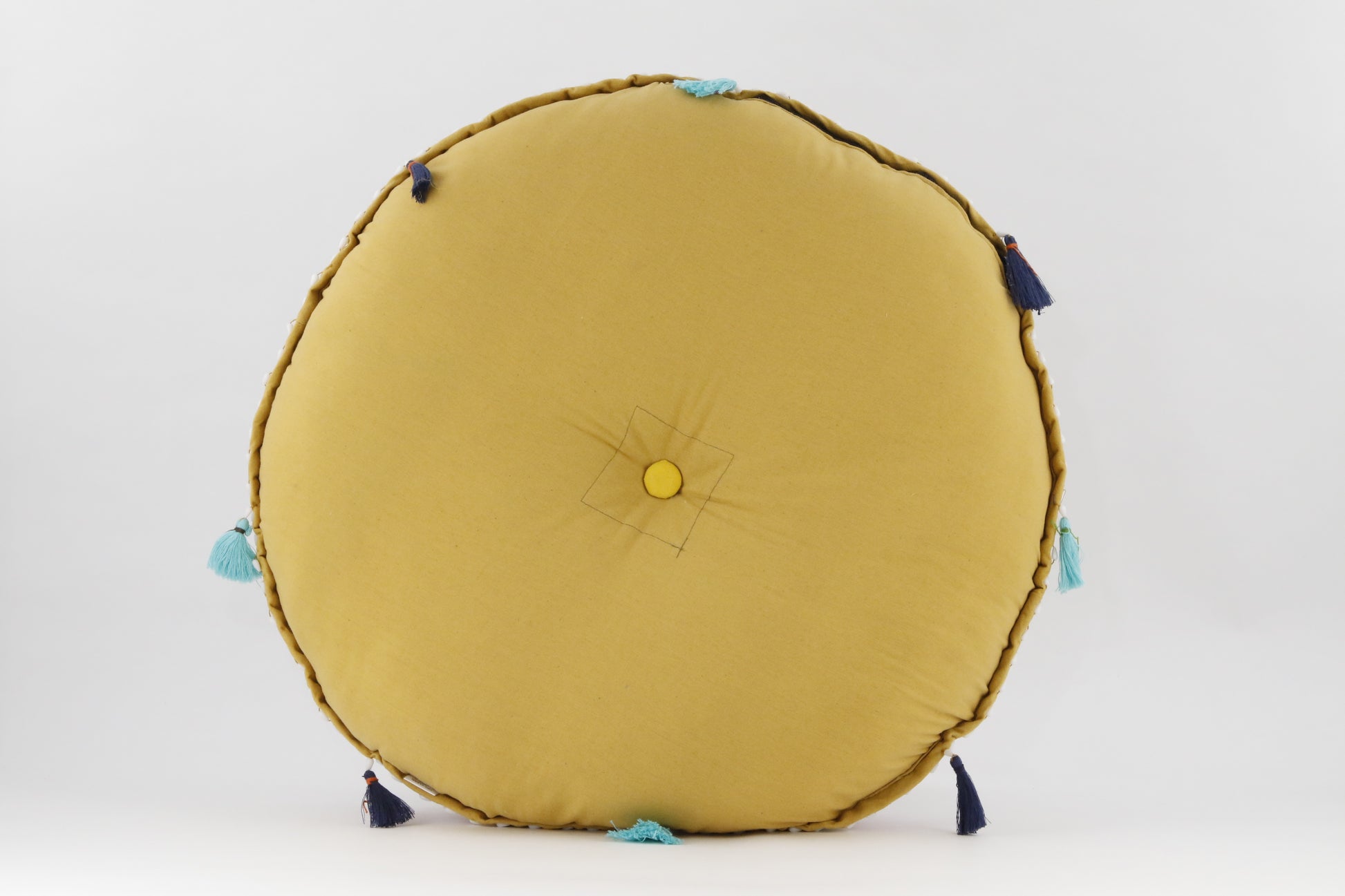 MEDITATION CUSHION LIGHT MUSTARD EMBROIDERED ROUND BACK VIEW
