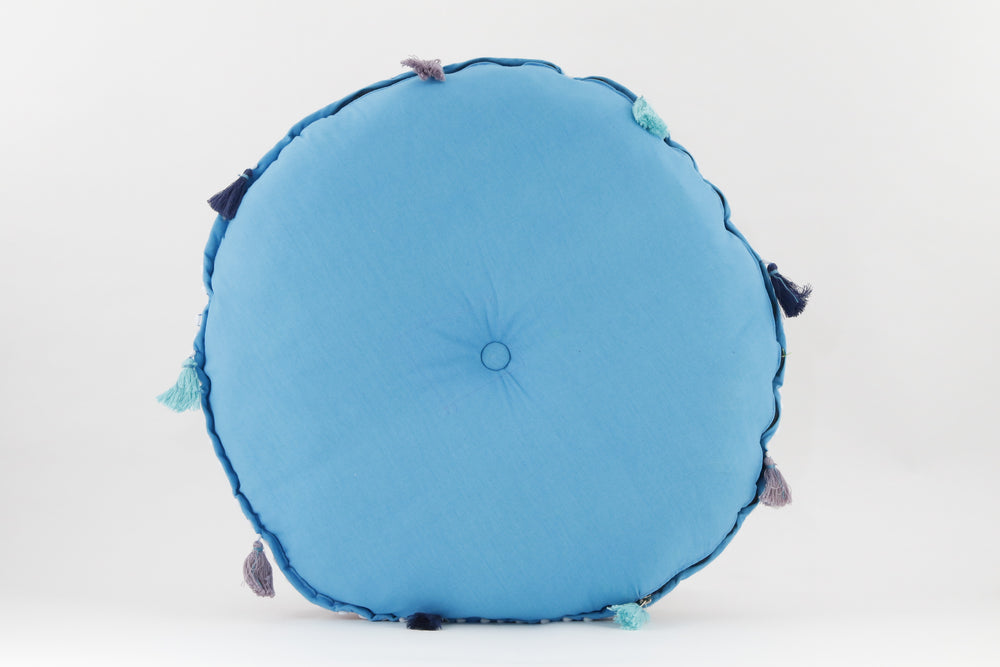 MEDITATION CUSHION TURQUOISE EMBROIDERED ROUND BACK VIEW