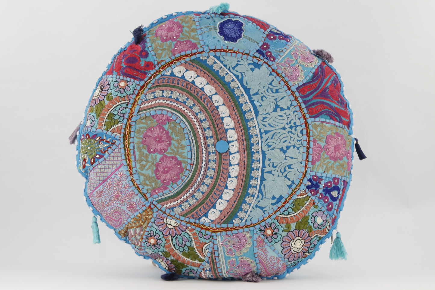 MEDITATION CUSHION TURQUOISE EMBROIDERED ROUND FRONT VIEW