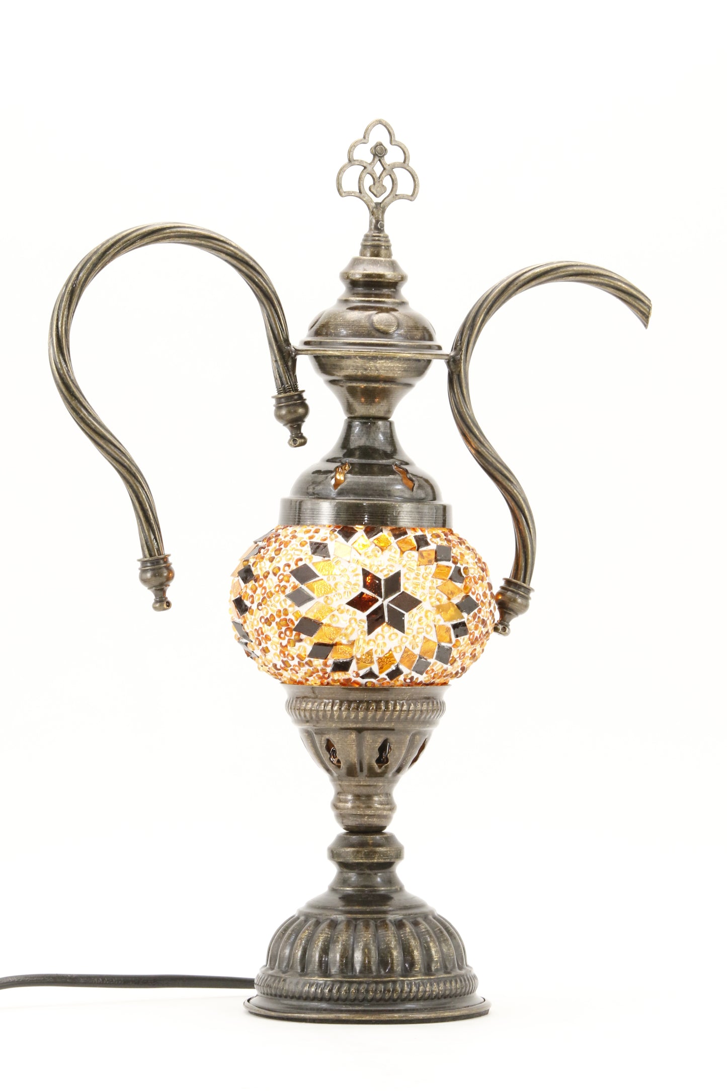 TURKISH MOSAIC GENIE BOTTLE TABLE LAMP AMBER -TURNED ON