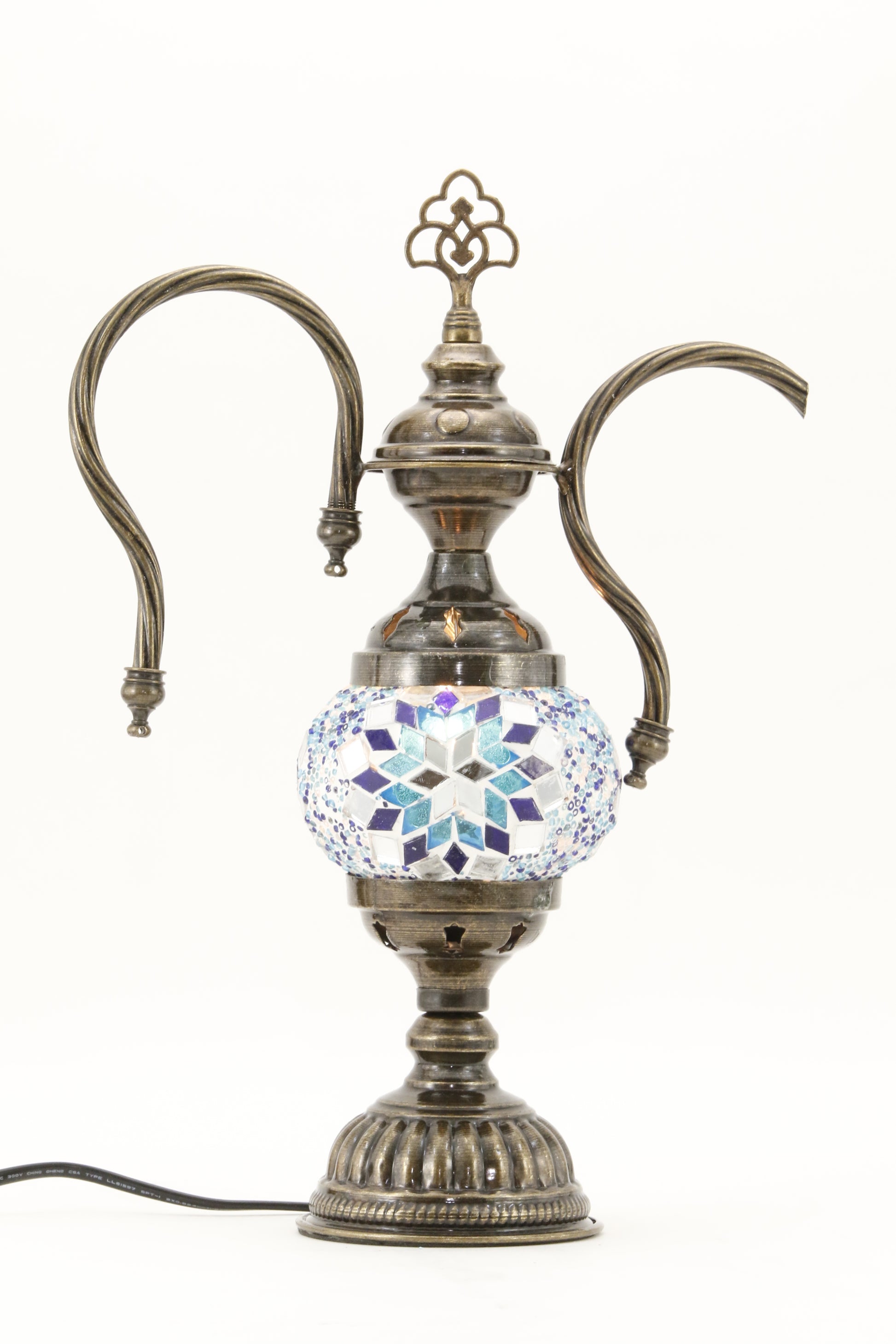 TURKISH MOSAIC GENIE BOTTLE TABLE LAMP BLUE-TURNED ON