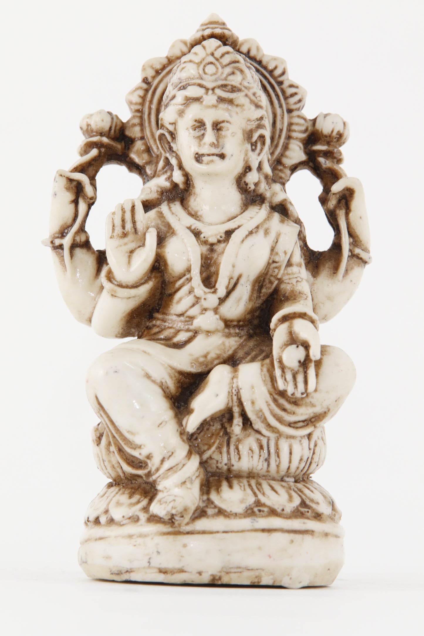 GODDESS LAKSHMI SEATED STATUE OFF-WHITE FRONT VIEW