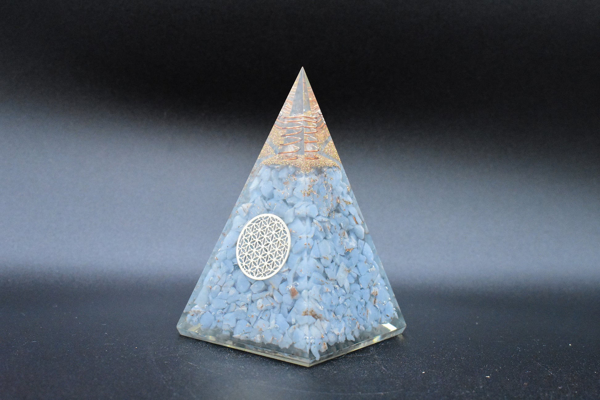 Blue Lace Agate Large Pyramid Flower of Life Symbol
