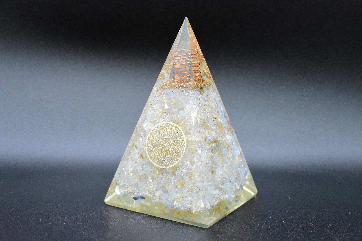 Rainbow Moonstone Large Pyramid Flower of Life Symbol