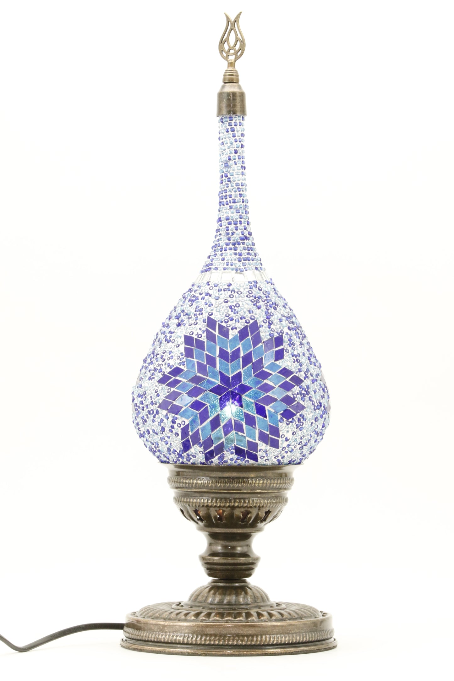 TEAR DROP SHAPED TURKISH MOSAIC TABE LAMP BLUE-TURNED ON