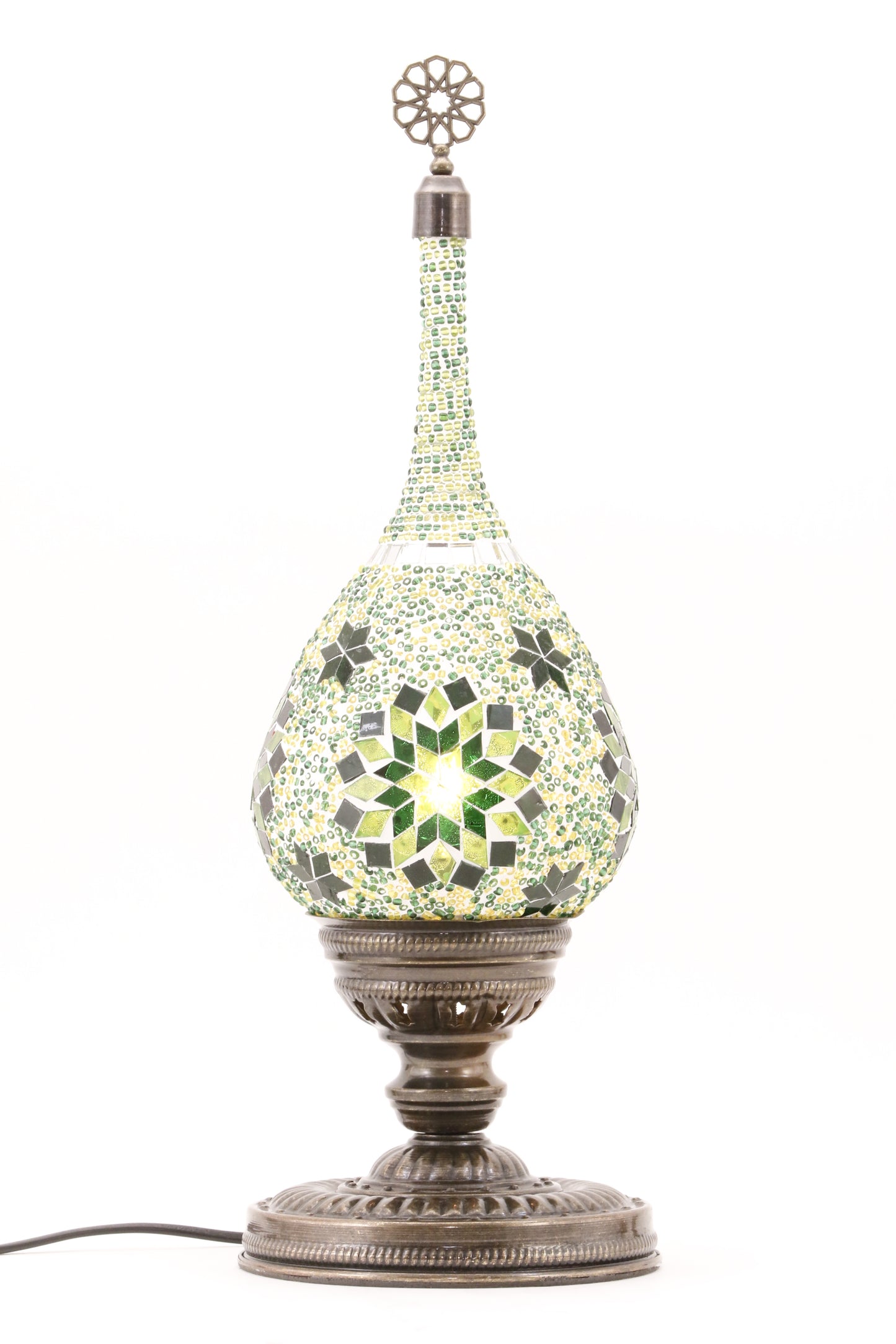 TEAR DROP SHAPED TURKISH MOSAIC TABE LAMP GREEN-TURNED ON