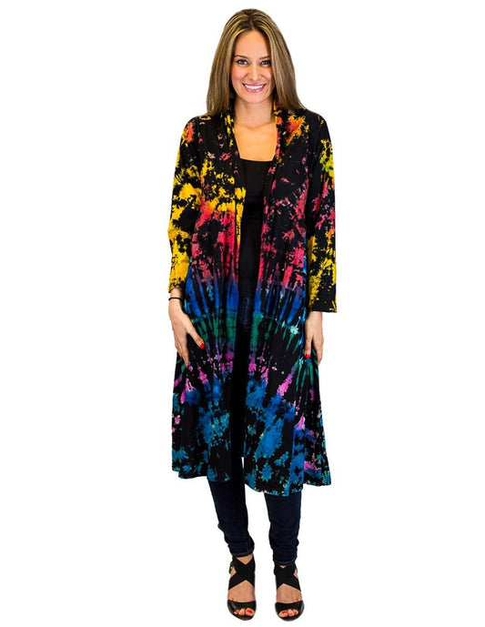 FULL TIE DYE DUSTER WITH POCKETS BLACK RAINBOW