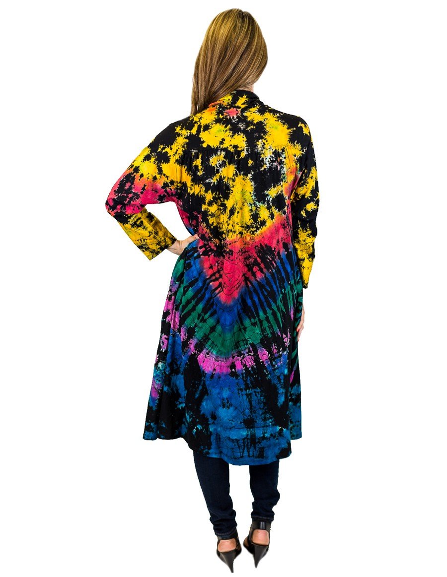 FULL TIE DYE DUSTER WITH POCKETS BLACK RAINBOW BACK