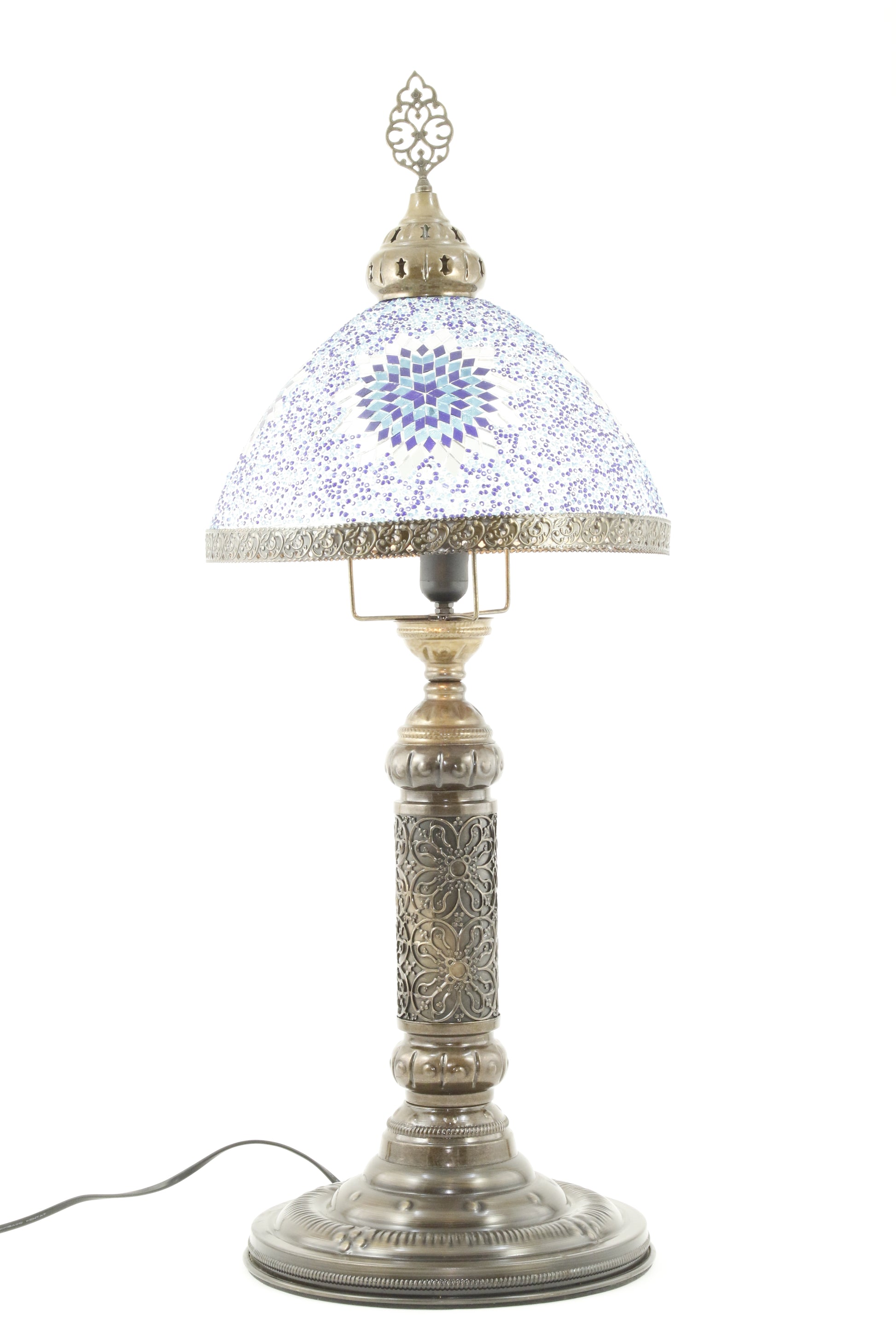 TURKISH MOSAIC GLASS TIFFANY LAMP BLUE -TURNED ON