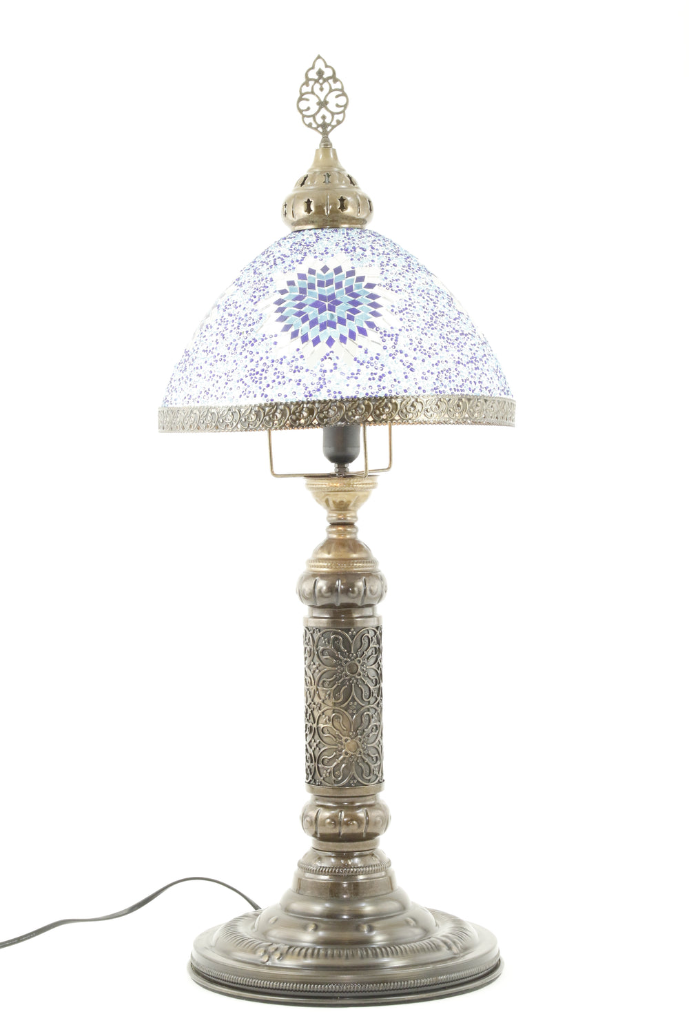 TURKISH MOSAIC GLASS TIFFANY LAMP BLUE -TURNED ON