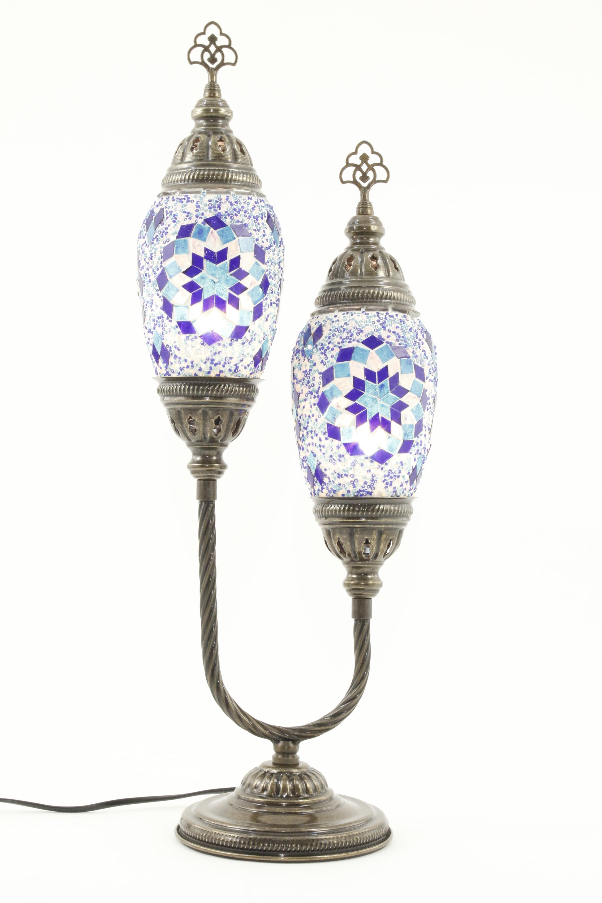 DOUBLE HORSESHOE EGG SHAPED TURKISH MOSAIC TABLE LAMP BLUE -TURNED ON
