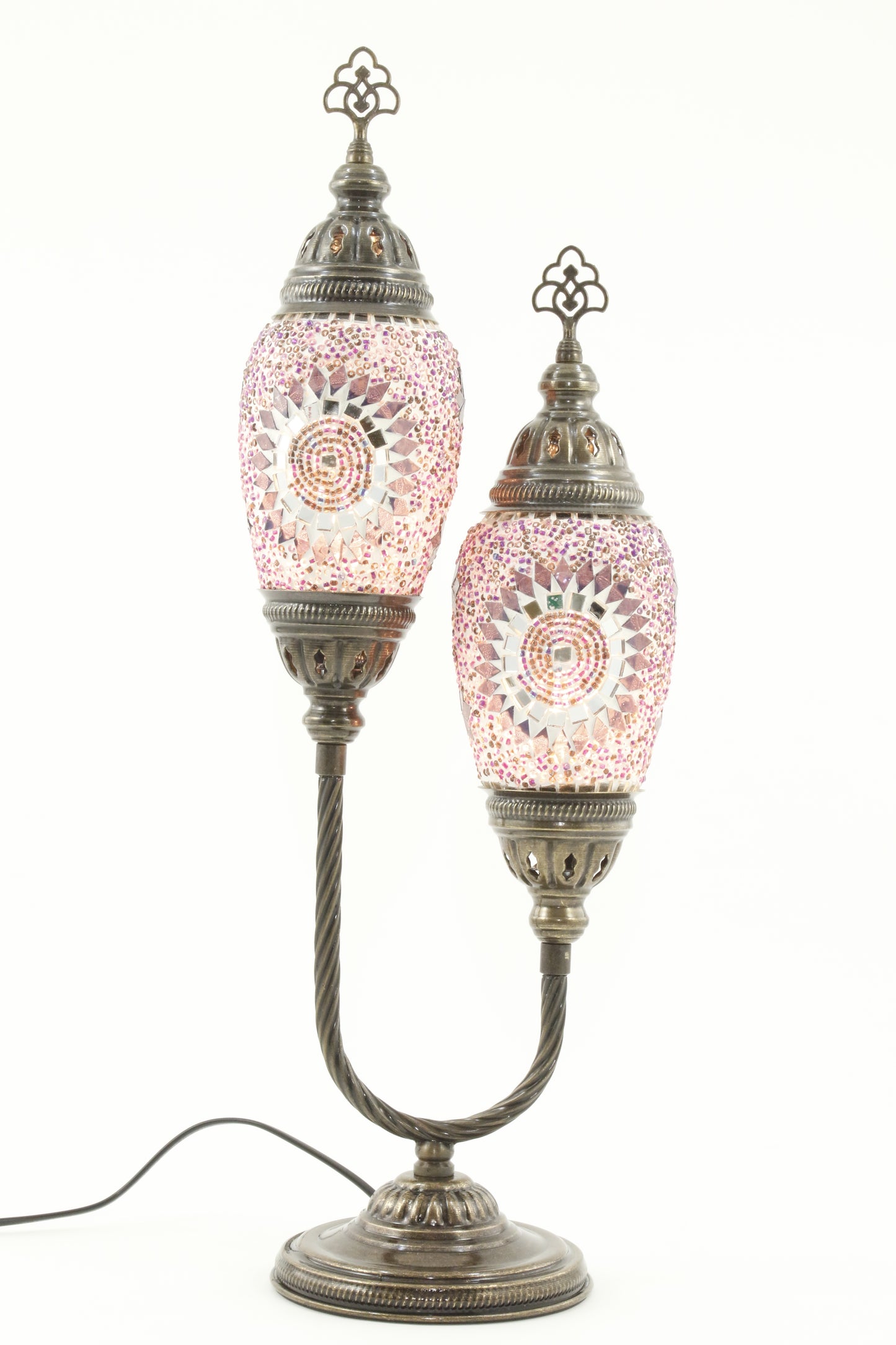 DOUBLE HORSESHOE EGG SHAPED TURKISH MOSAIC TABLE LAMP MAUVISH PINK -TURNED ON