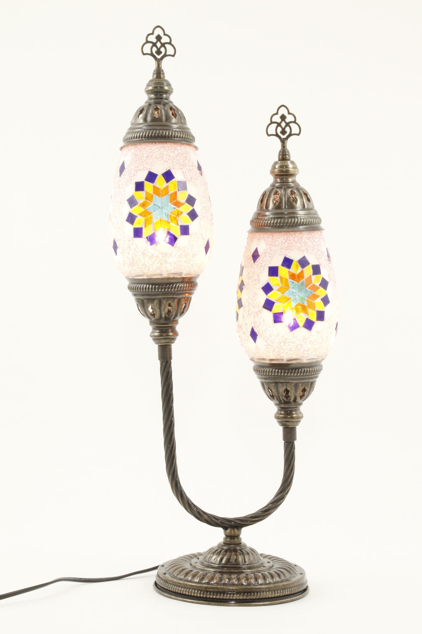 DOUBLE HORSESHOE EGG SHAPED TURKISH MOSAIC TABLE LAMP RAINBOW -TURNED ON