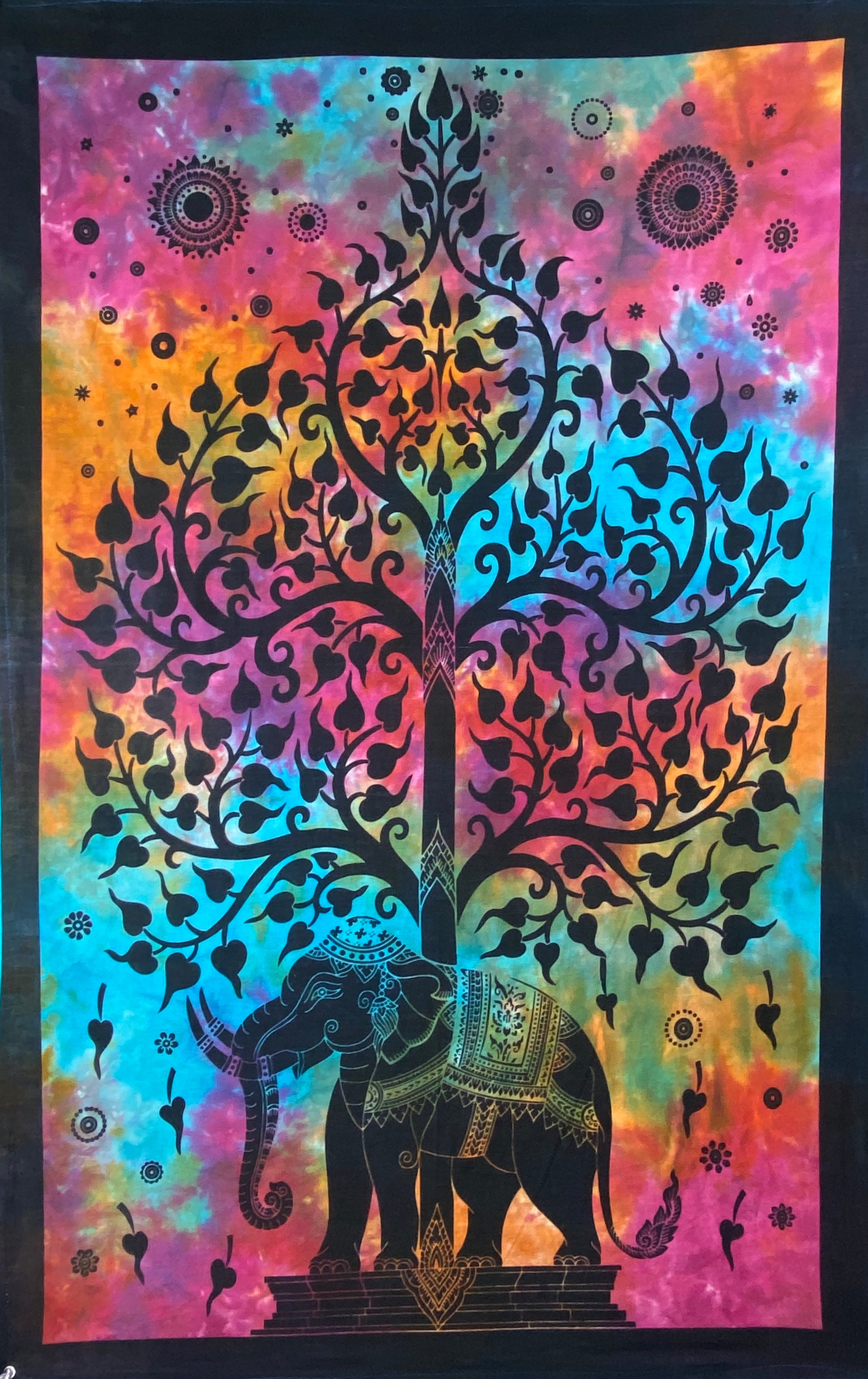 ELEPHANT BODHI TREE TAPESTRY POSTER BLACK-RAINBOW BACKGROUND