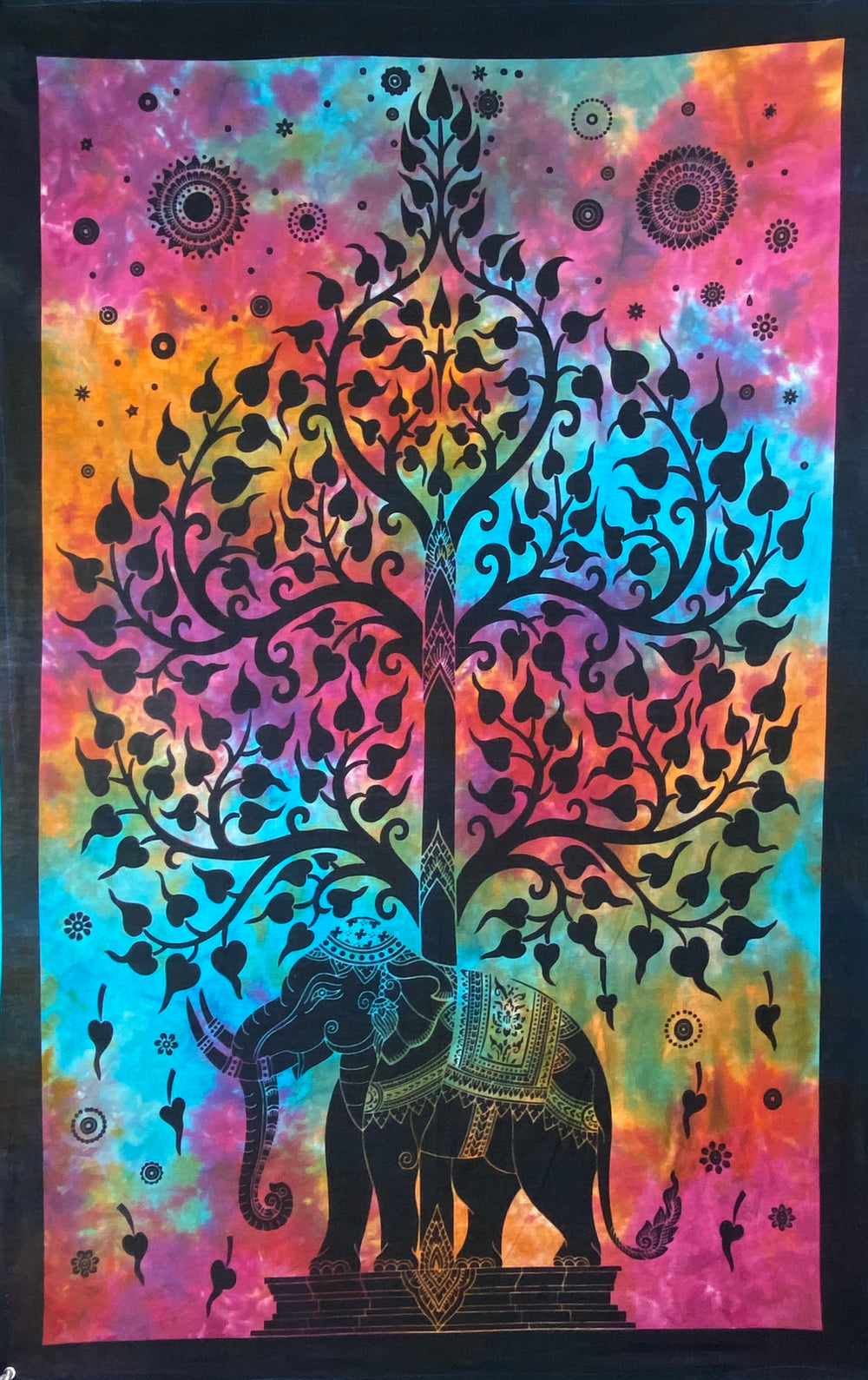 ELEPHANT BODHI TREE TAPESTRY POSTER BLACK-RAINBOW BACKGROUND