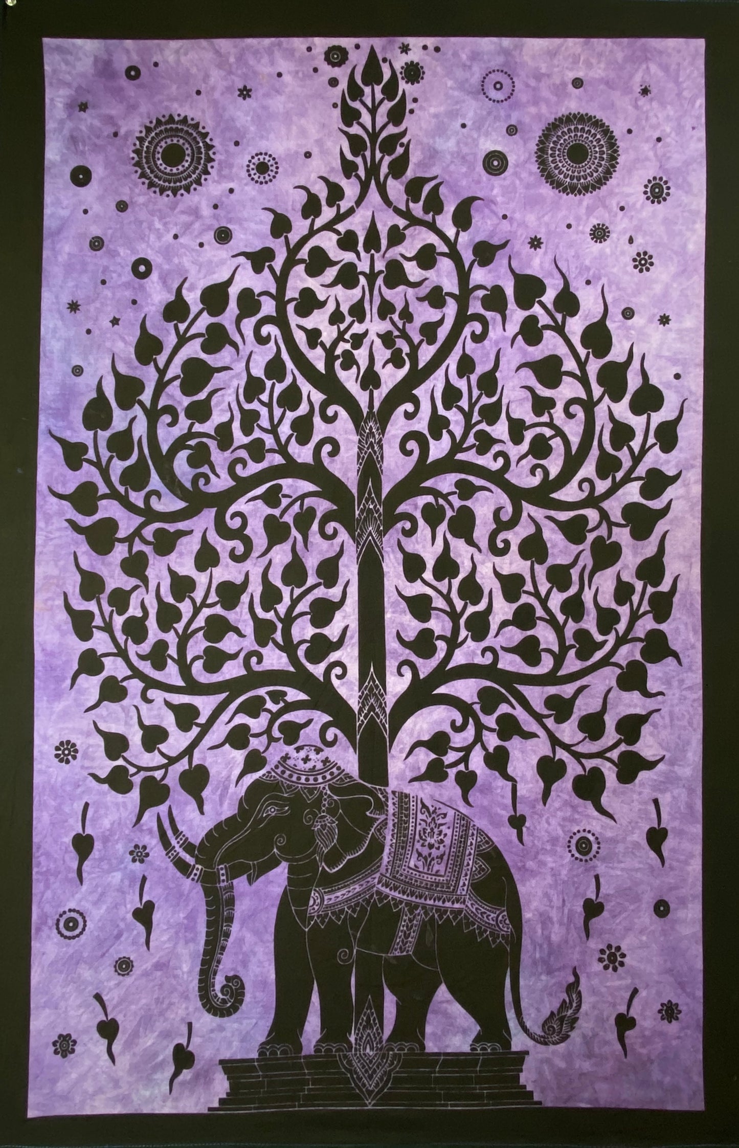 ELEPHANT BODHI TREE TAPESTRY POSTER SIZE BLACK- PURPLE BACKGROUND