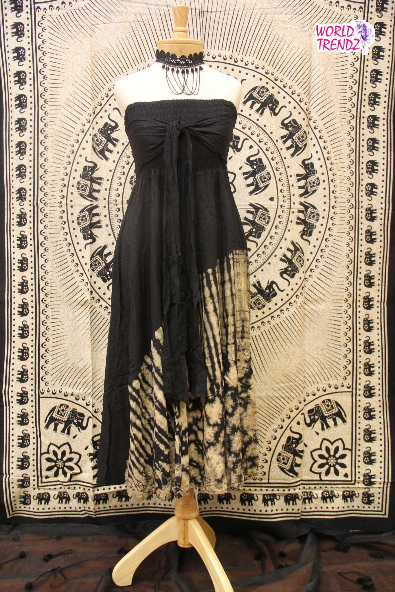 THAILAND STRAPLESS VINTAGE DRESS BLACK WITH BEIGE TIE DYE