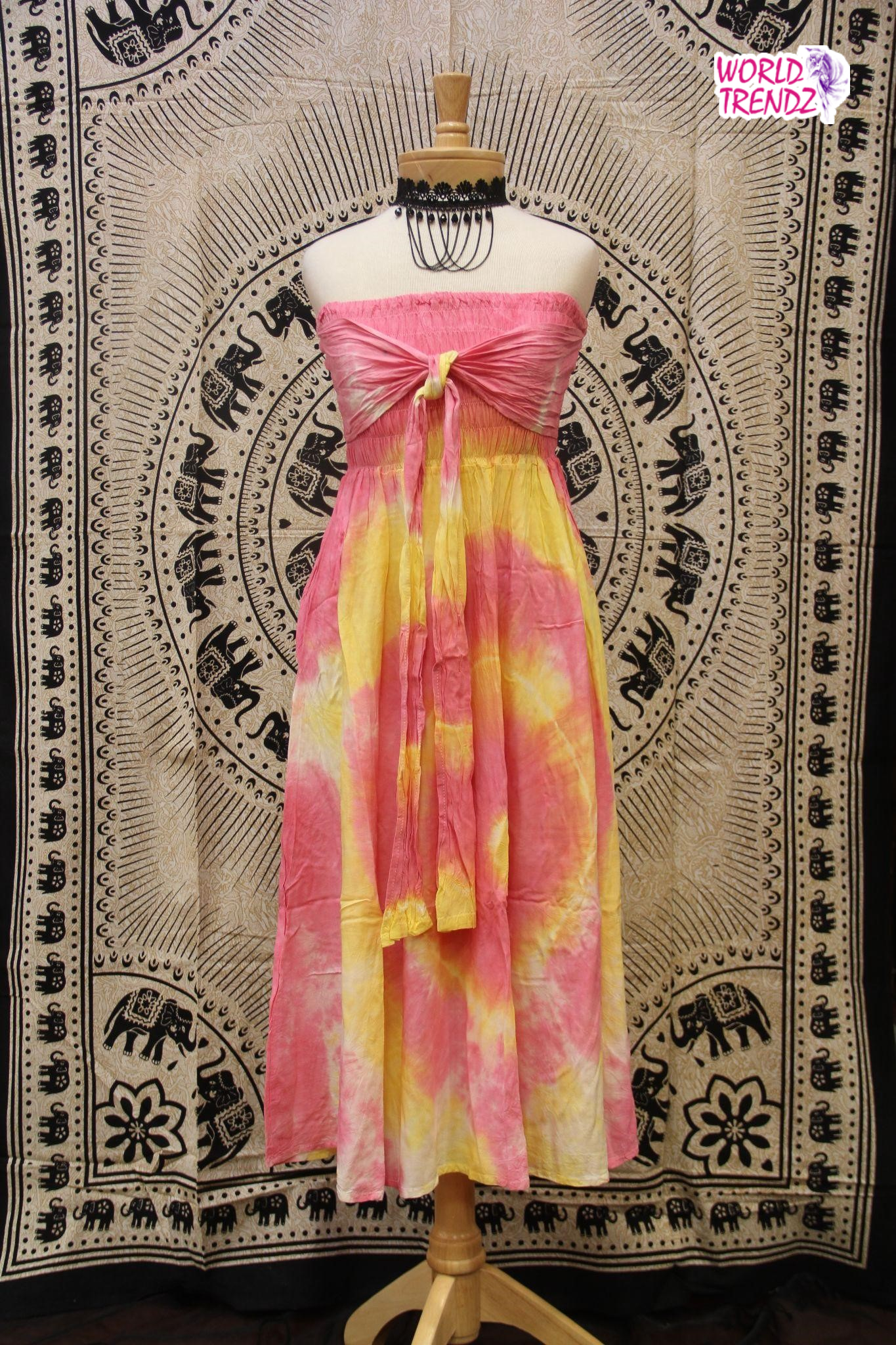 THAILAND STRAPLESS VINTAGE DRESS PEACH WITH YELLLOWTIE DYE