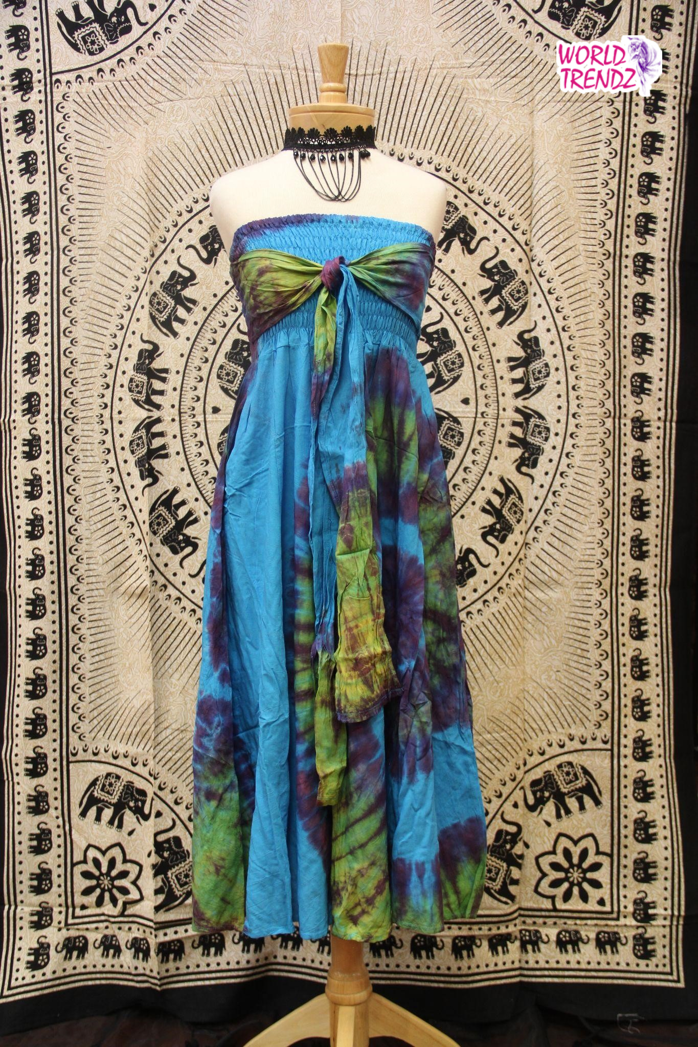 THAILAND STRAPLESS VINTAGE DRESS LIGHT BLUE TIE DYE