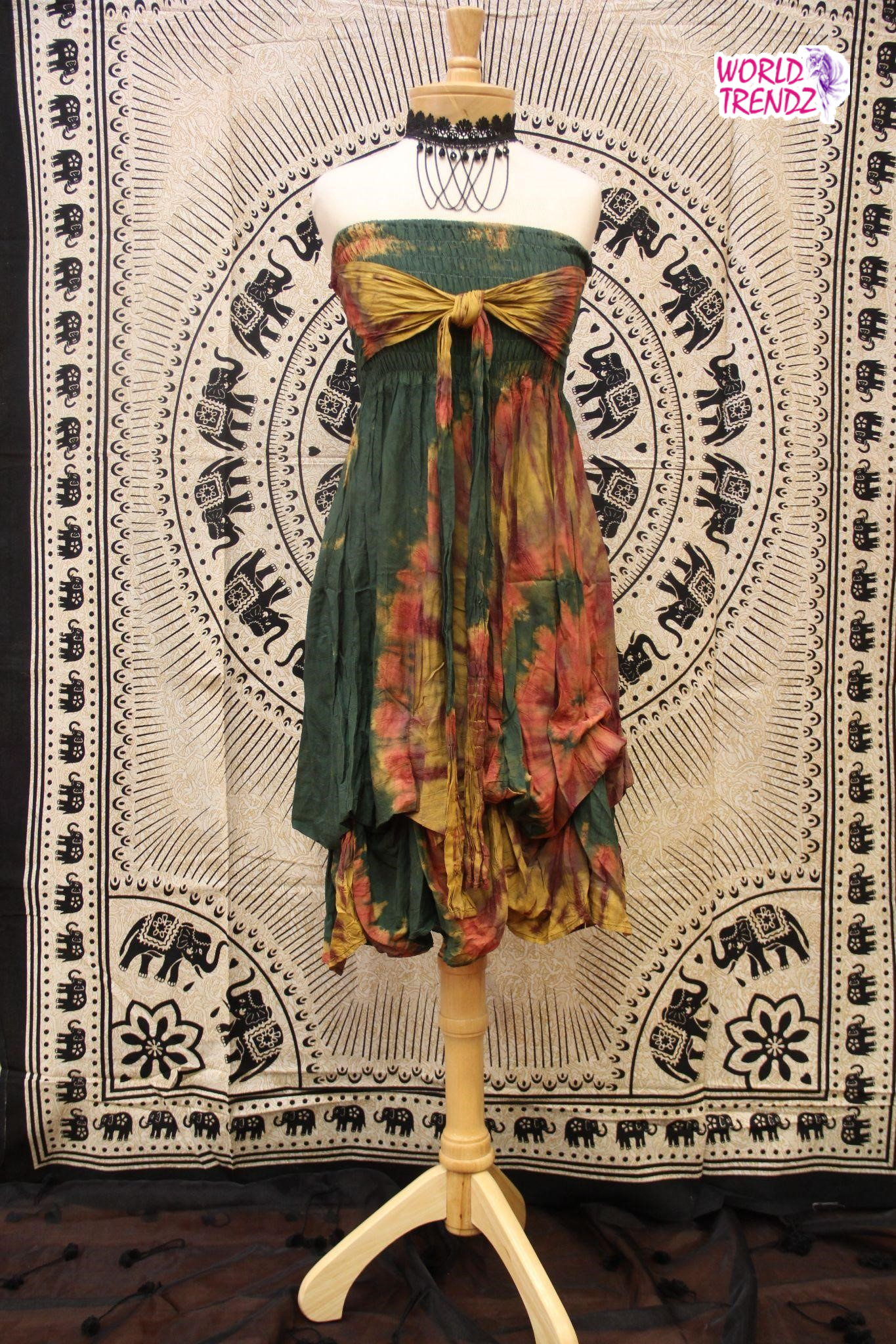 THAILAND STRAPLESS VINTAGE DRESS OLIVE GREEN WITH YELLOW TIE DYE
