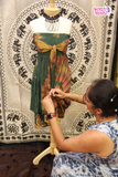 THAILAND STRAPLESS VINTAGE DRESS OLIVE GREEN WITH YELLOW TIE DYE